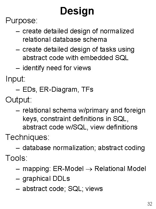 Purpose: Design – create detailed design of normalized relational database schema – create detailed