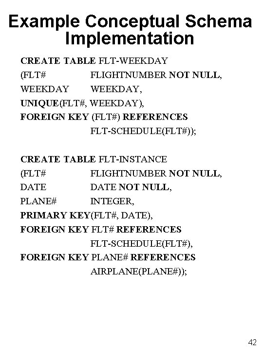 Example Conceptual Schema Implementation CREATE TABLE FLT-WEEKDAY (FLT# FLIGHTNUMBER NOT NULL, WEEKDAY, UNIQUE(FLT#, WEEKDAY),