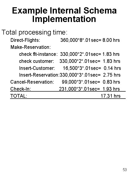 Example Internal Schema Implementation Total processing time: Direct-Flights: 360, 000*8*. 01 sec= 8. 00