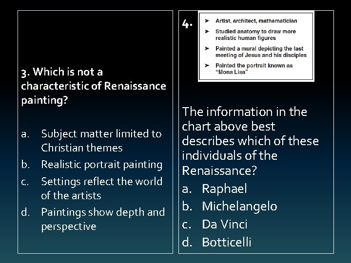 4. 3. Which is not a characteristic of Renaissance painting? a. Subject matter limited