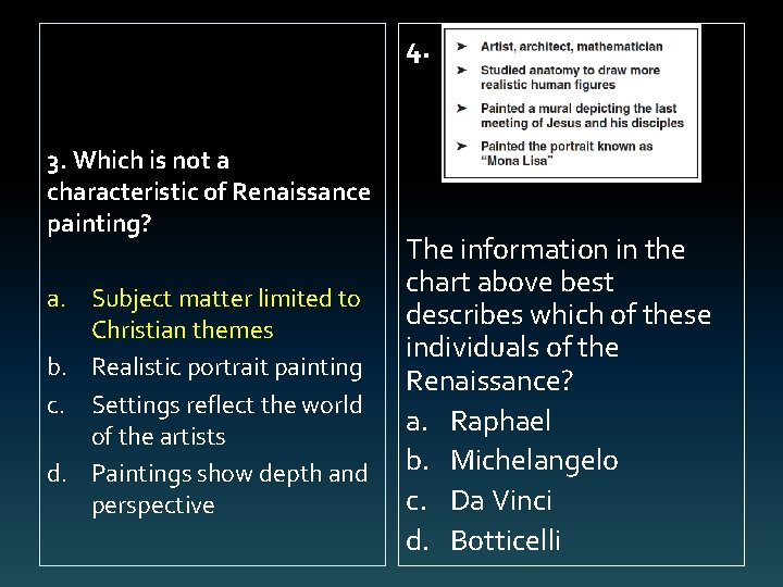 4. 3. Which is not a characteristic of Renaissance painting? a. Subject matter limited