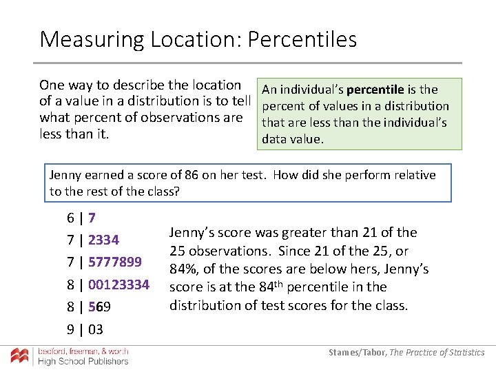 Measuring Location: Percentiles One way to describe the location of a value in a Measuring Location: Percentiles One way to describe the location of a value in a