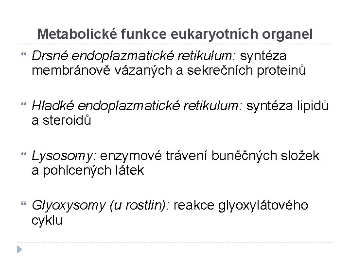 Metabolické funkce eukaryotních organel Drsné endoplazmatické retikulum: syntéza membránově vázaných a sekrečních proteinů Hladké