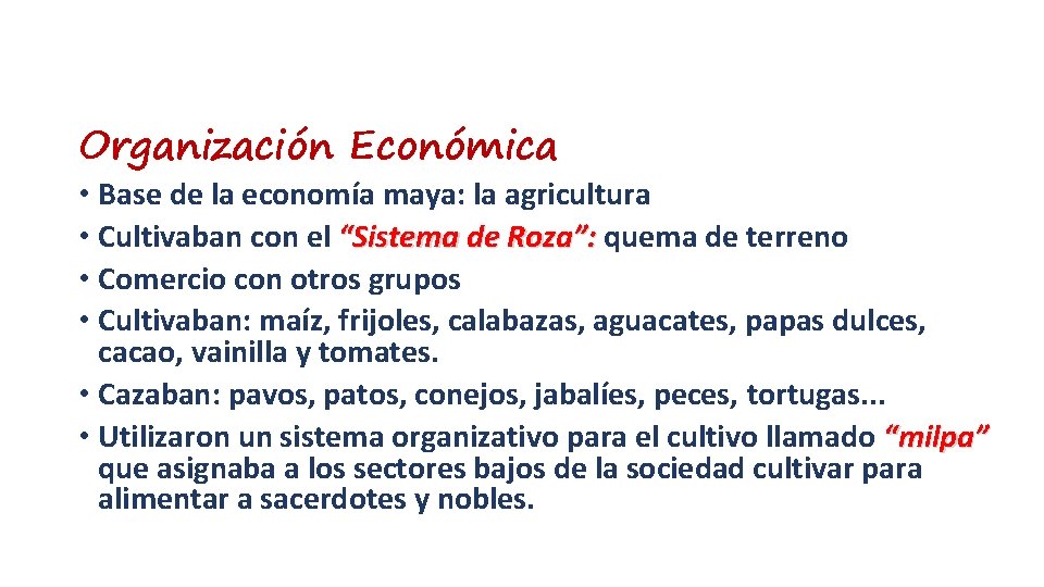 Organización Económica • Base de la economía maya: la agricultura • Cultivaban con el
