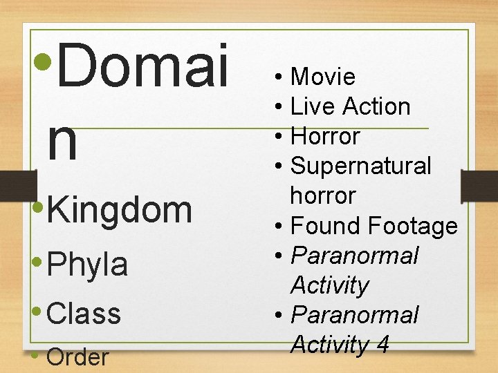  • Domai n • Kingdom • Phyla • Class • Order • Movie