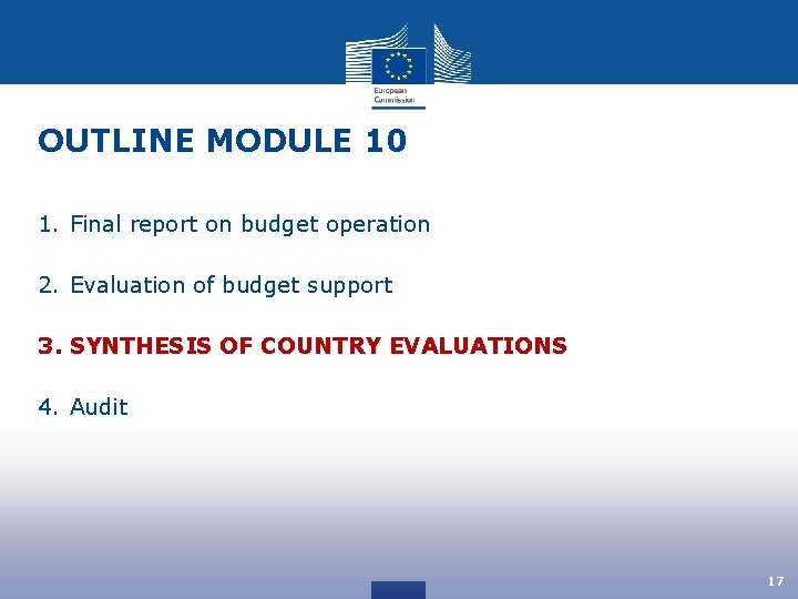 OUTLINE MODULE 10 1. Final report on budget operation 2. Evaluation of budget support
