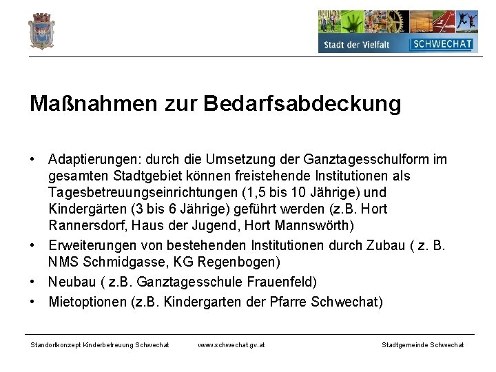 Maßnahmen zur Bedarfsabdeckung • Adaptierungen: durch die Umsetzung der Ganztagesschulform im gesamten Stadtgebiet können