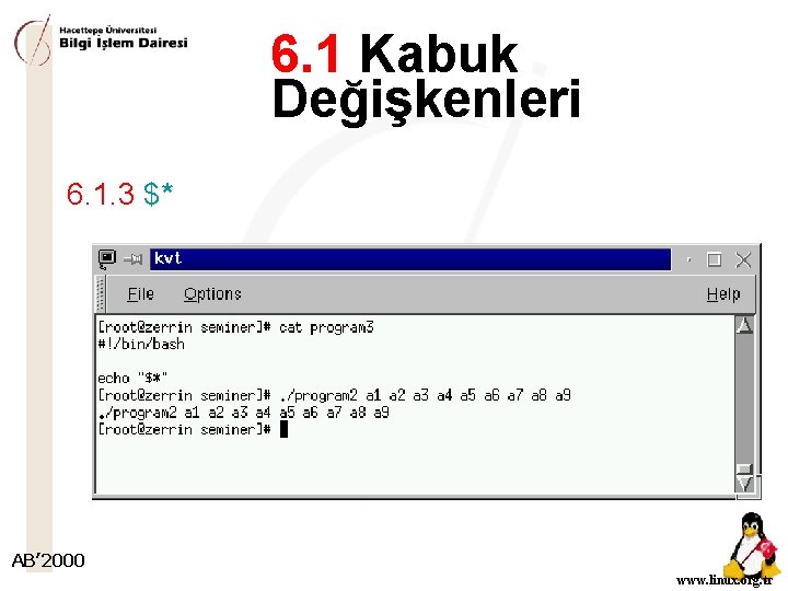 6. 1 Kabuk Değişkenleri 6. 1. 3 $* AB’ 2000 www. linux. org. tr