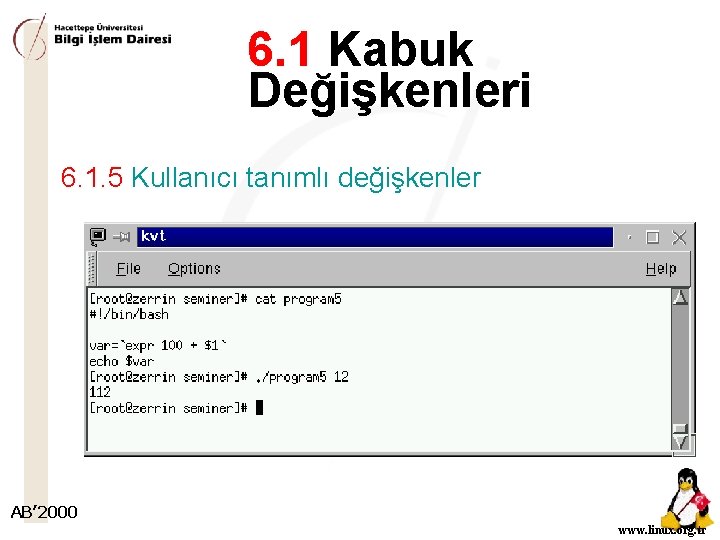 6. 1 Kabuk Değişkenleri 6. 1. 5 Kullanıcı tanımlı değişkenler AB’ 2000 www. linux.