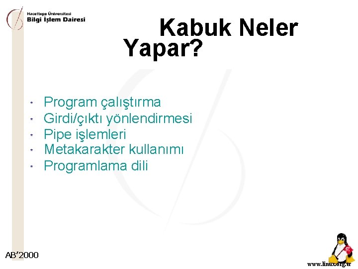 Kabuk Neler Yapar? * * * Program çalıştırma Girdi/çıktı yönlendirmesi Pipe işlemleri Metakarakter kullanımı