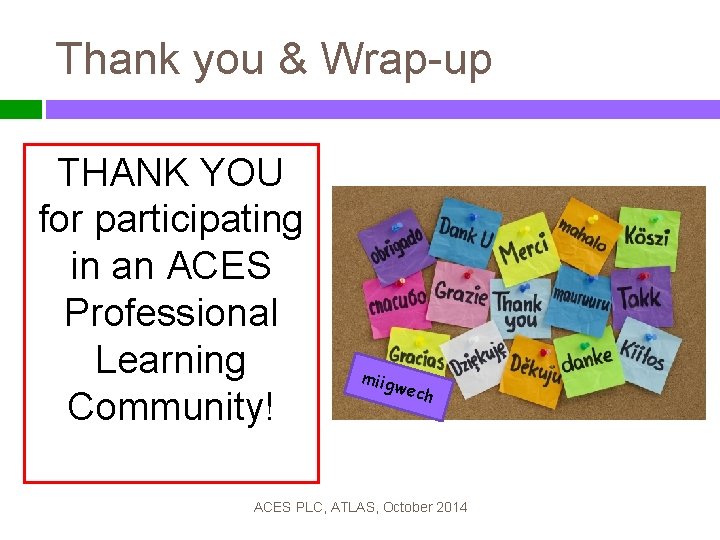 Thank you & Wrap-up THANK YOU for participating in an ACES Professional Learning Community!