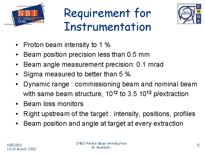 Requirement for Instrumentation • • • Proton beam intensity to 1 % Beam position