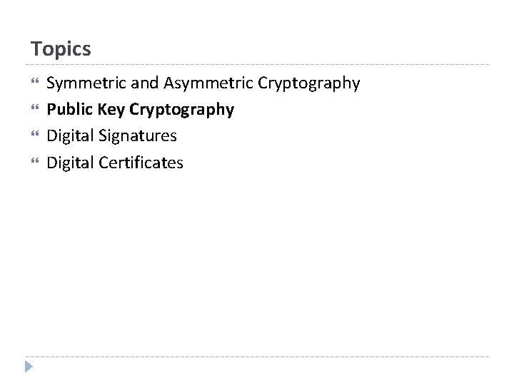 Topics Symmetric and Asymmetric Cryptography Public Key Cryptography Digital Signatures Digital Certificates 