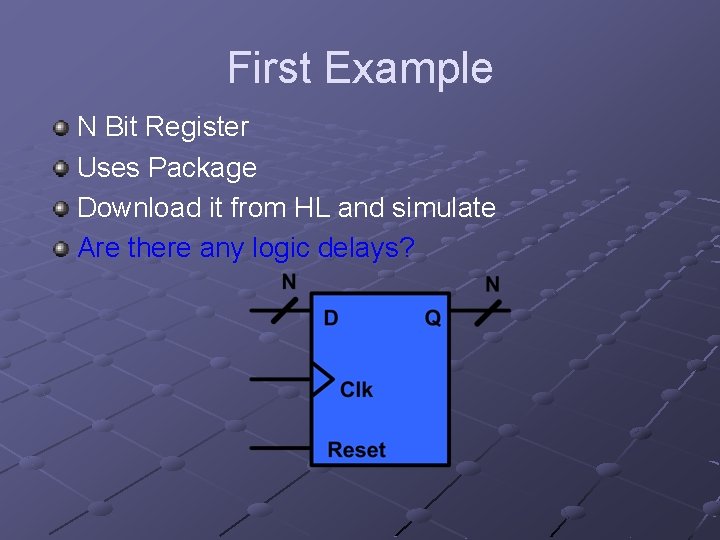 First Example N Bit Register Uses Package Download it from HL and simulate Are