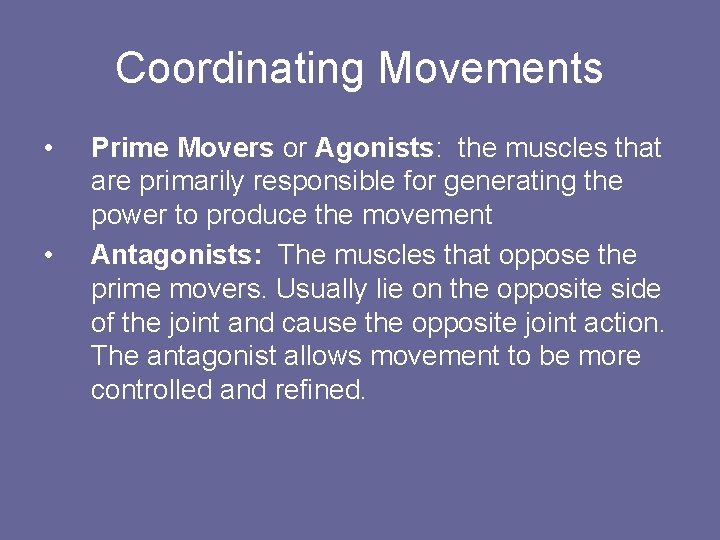 Coordinating Movements • • Prime Movers or Agonists: the muscles that are primarily responsible