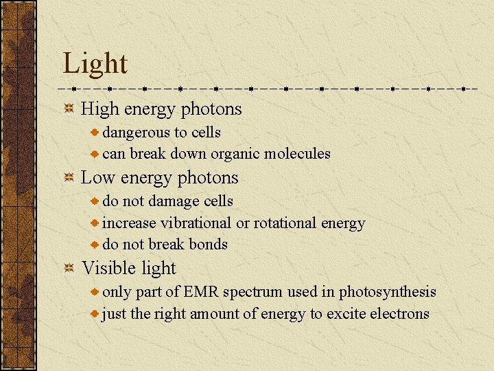 Light High energy photons dangerous to cells can break down organic molecules Low energy