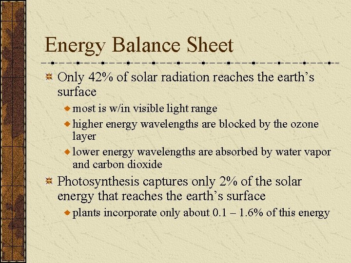Energy Balance Sheet Only 42% of solar radiation reaches the earth’s surface most is