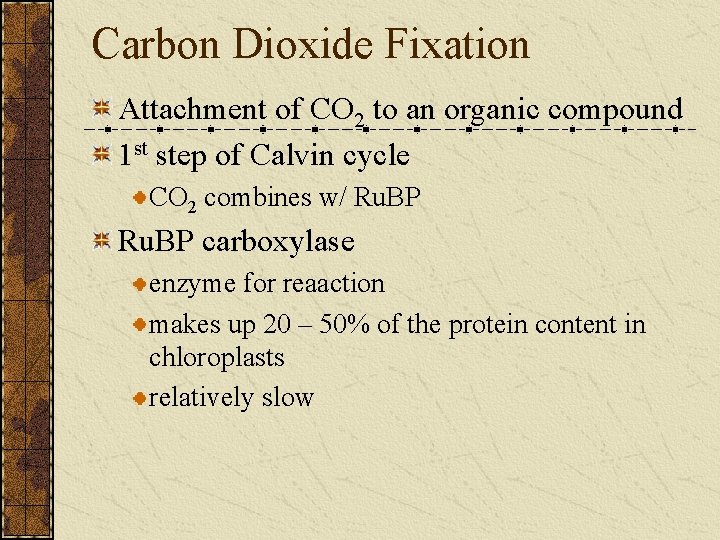 Carbon Dioxide Fixation Attachment of CO 2 to an organic compound 1 st step