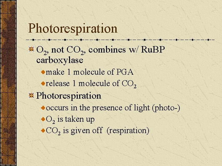 Photorespiration O 2, not CO 2, combines w/ Ru. BP carboxylase make 1 molecule