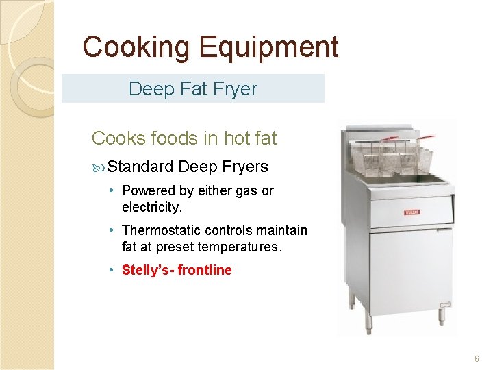 Cooking Equipment Deep Fat Fryer Cooks foods in hot fat Standard Deep Fryers •