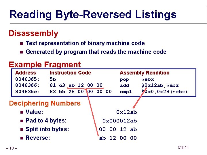 Reading Byte-Reversed Listings Disassembly n n Text representation of binary machine code Generated by