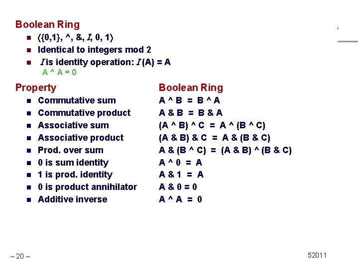 Boolean Ring n n n Properties of & and ^ {0, 1}, ^, &,