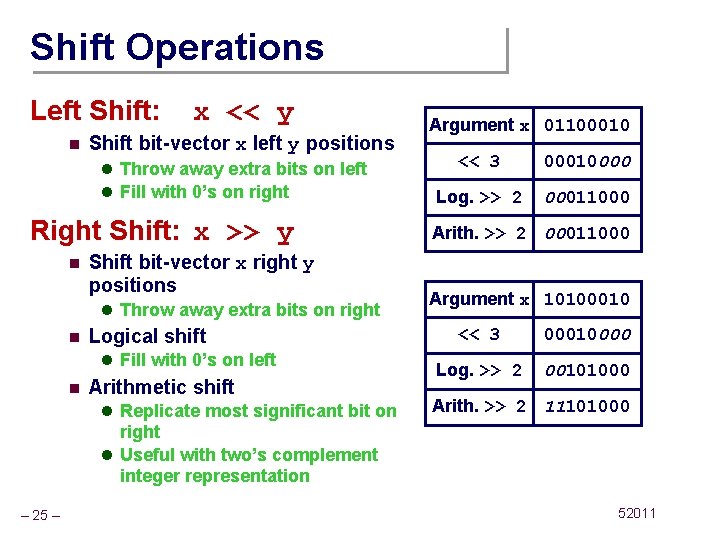 Shift Operations Left Shift: n x << y Shift bit-vector x left y positions