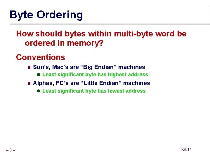 Byte Ordering How should bytes within multi-byte word be ordered in memory? Conventions n