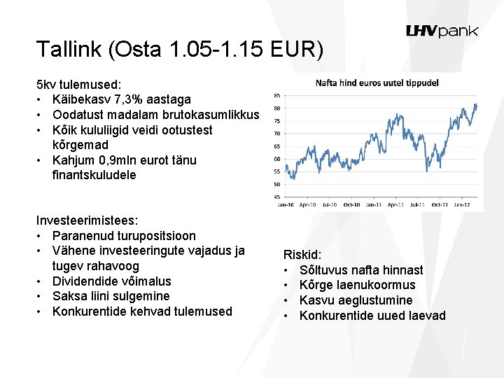 Tallink (Osta 1. 05 -1. 15 EUR) 5 kv tulemused: • Käibekasv 7, 3%