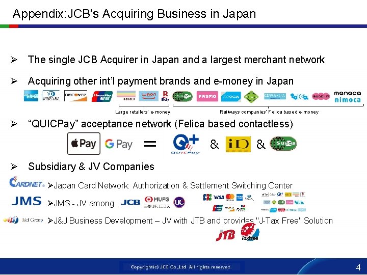 Appendix: JCB’s Acquiring Business in Japan Ø The single JCB Acquirer in Japan and