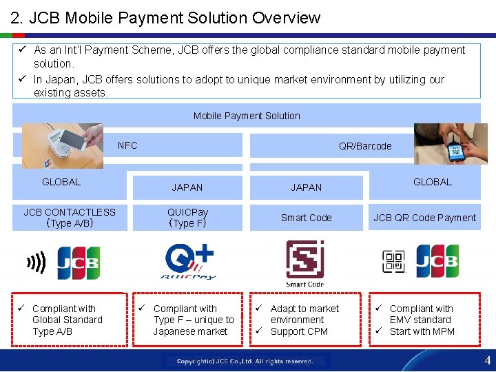 2. JCB Mobile Payment Solution Overview ü As an Int’l Payment Scheme, JCB offers