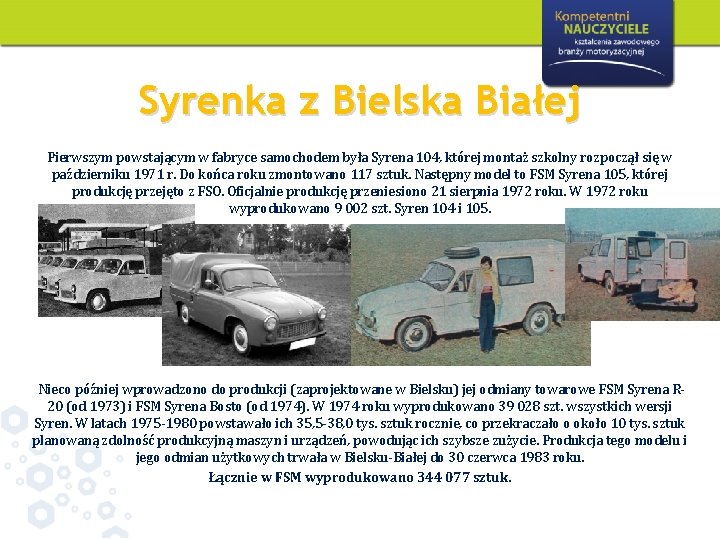 Syrenka z Bielska Białej Pierwszym powstającym w fabryce samochodem była Syrena 104, której montaż