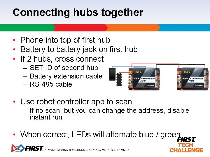Connecting hubs together • Phone into top of first hub • Battery to battery