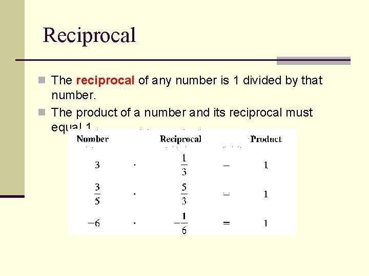 Reciprocal n The reciprocal of any number is 1 divided by that number. n