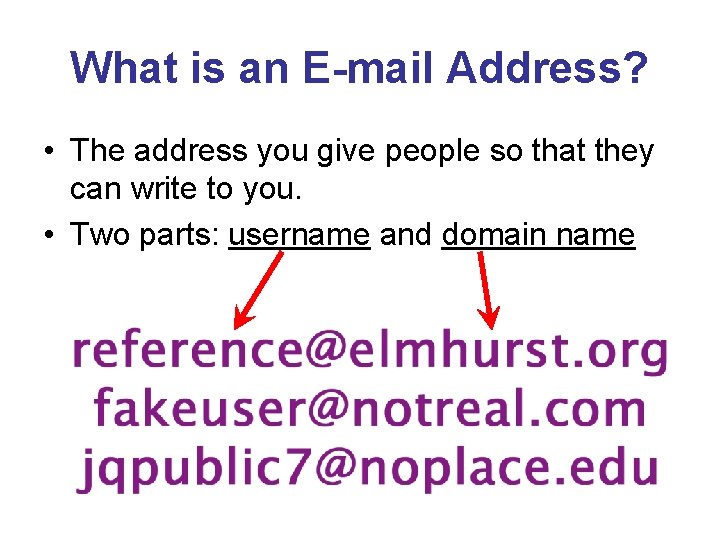 What is an E-mail Address? • The address you give people so that they