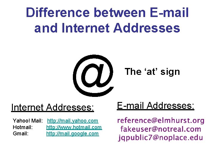 Difference between E-mail and Internet Addresses @ Internet Addresses: Yahoo! Mail: http: //mail. yahoo.