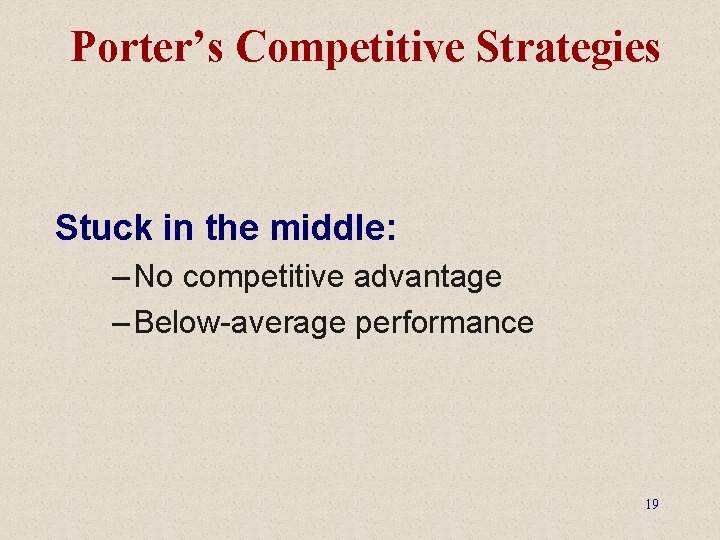 Porter’s Competitive Strategies Stuck in the middle: – No competitive advantage – Below-average performance