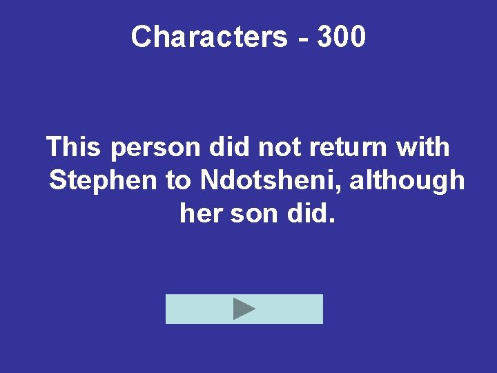 Characters - 300 This person did not return with Stephen to Ndotsheni, although her