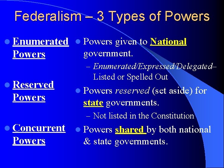 Federalism – 3 Types of Powers l Enumerated l Powers given to National Powers
