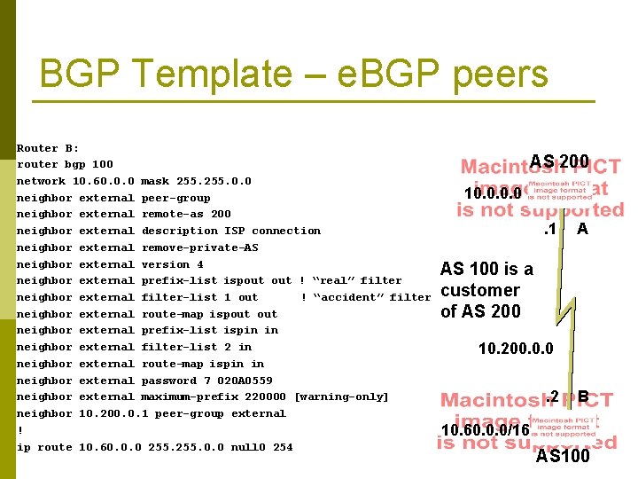 BGP Template – e. BGP peers Router B: router bgp 100 network 10. 60.