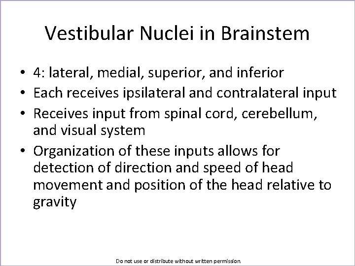 Vestibular Nuclei in Brainstem • 4: lateral, medial, superior, and inferior • Each receives
