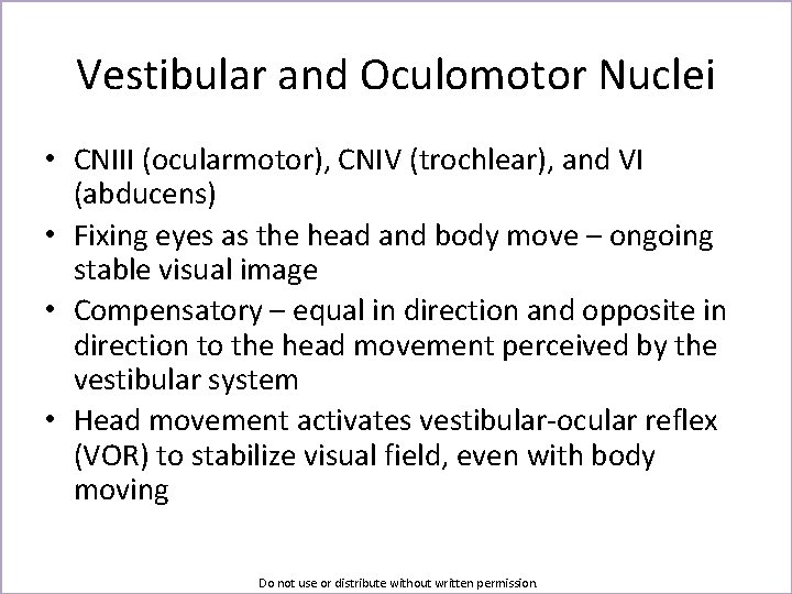 Vestibular and Oculomotor Nuclei • CNIII (ocularmotor), CNIV (trochlear), and VI (abducens) • Fixing