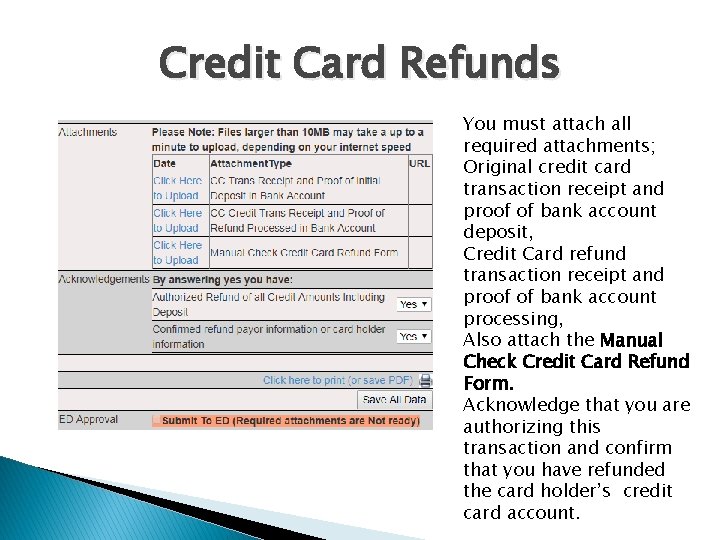 Credit Card Refunds You must attach all required attachments; Original credit card transaction receipt