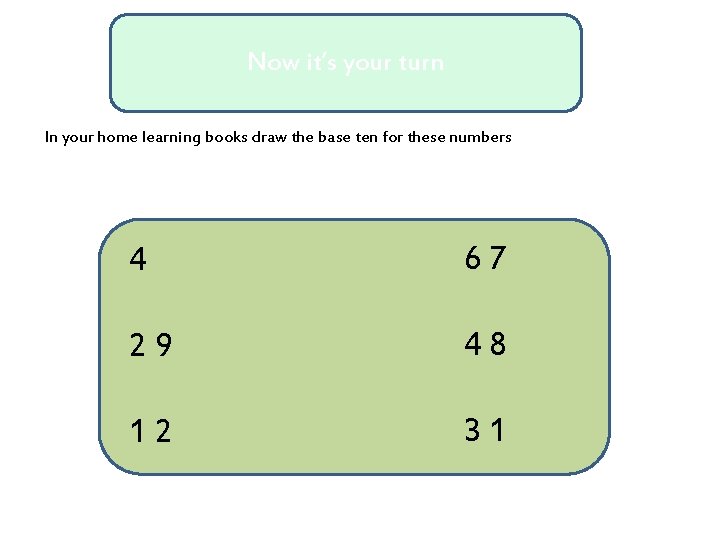 Now it’s your turn In your home learning books draw the base ten for