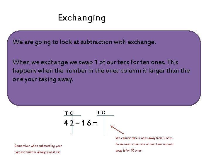 Exchanging We are going to look at subtraction with exchange. When we exchange we