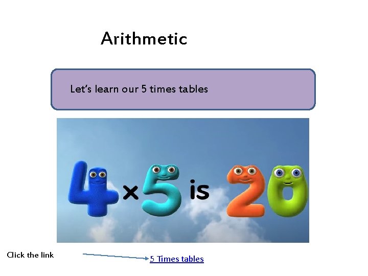 Arithmetic Let’s learn our 5 times tables Click the link 5 Times tables 