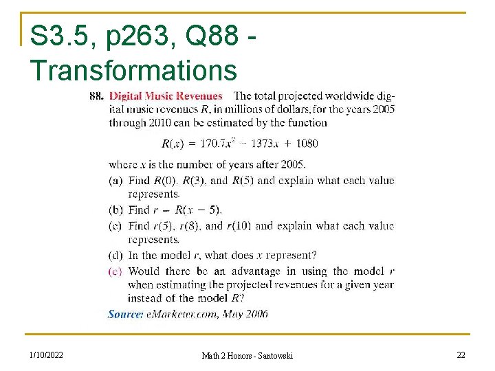 S 3. 5, p 263, Q 88 Transformations 1/10/2022 Math 2 Honors - Santowski S 3. 5, p 263, Q 88 Transformations 1/10/2022 Math 2 Honors - Santowski