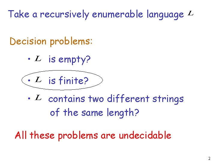 Take a recursively enumerable language Decision problems: • is empty? • is finite? •