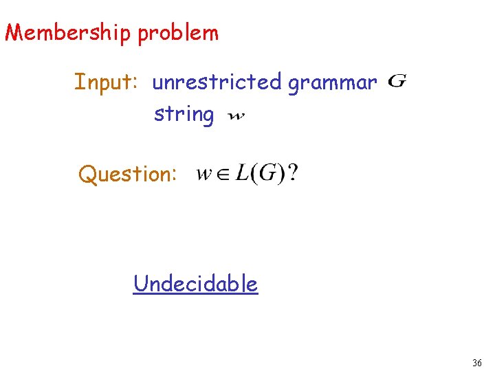 Membership problem Input: unrestricted grammar string Question: Undecidable 36 