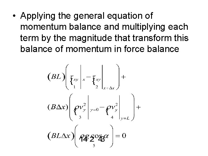  • Applying the general equation of momentum balance and multiplying each term by